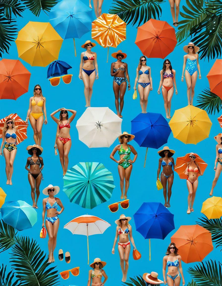 A vibrant beach scene featuring a diverse group of stylish individuals showcasing eye-catching swimwear, surrounded by colorful beach umbrellas and clear blue waters. Emphasize bold patterns, unique cuts, and accessories like sunglasses and beach hats to highlight the trendiness of the swimwear. Use a warm, sunny atmosphere with tropical plants in the background. super-realistic. vibrant colors. bright background.
